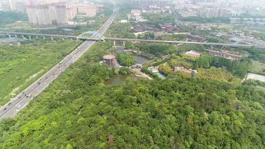 航拍城市中的森林及道路桥梁