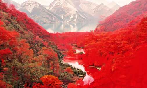 红色中国风水墨山水画