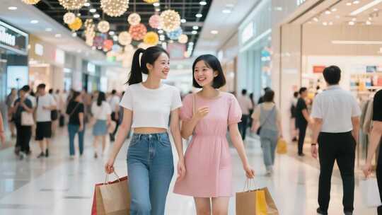 商场内两位女生购物后逛街
