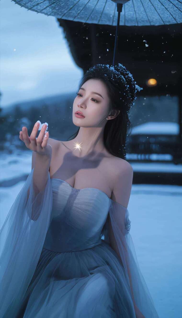 雪中撑伞女子伸手接雪