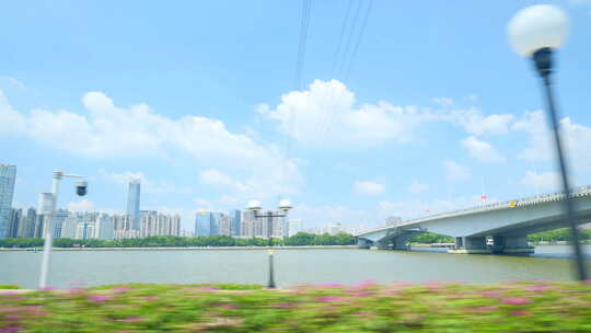 车窗外沿途景色 城市广州珠江风景