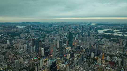 航拍南京新街口紫峰大厦亮灯延时