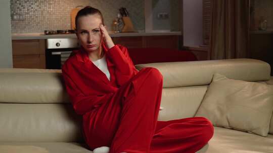 穿着红色睡衣的受惊人晚上在家看恐怖电影视频素材模板下载