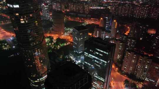 浙江绍兴市区市中心高楼大厦夜晚夜景航拍摩视频素材模板下载