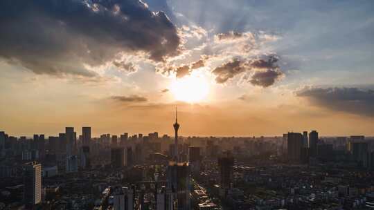 航拍成都城市全景夕阳晚霞