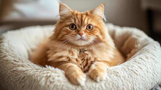 蓬松橘猫舒适地依偎在猫窝中