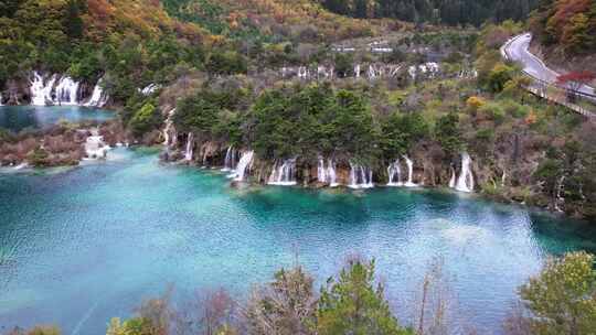 航拍九寨沟树正群海双龙海瀑布彩林钙华彩池