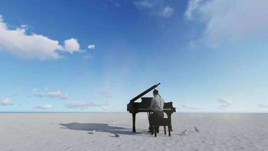 一男子在沙漠上与鸟儿一起弹钢琴