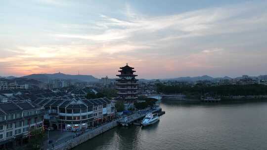 惠州合江楼航拍夕阳下的东江古城区旅游景点