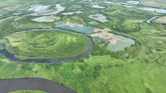航拍海拉尔河湿地夏日风景视频素材模板下载