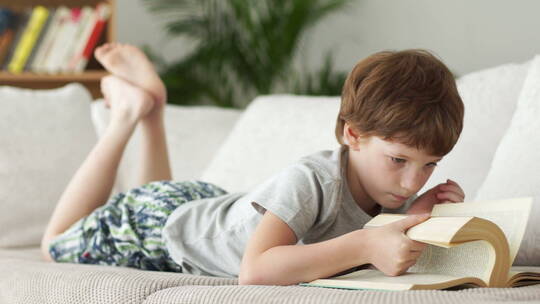 小男孩在沙发上看书视频素材模板下载