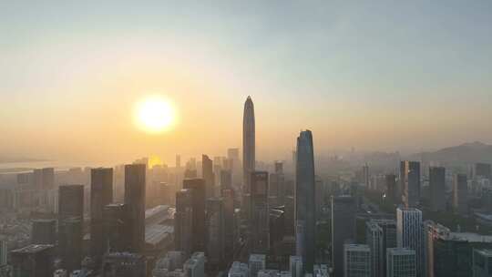 深圳福田区市中心航拍平安大厦夕阳黄昏日落