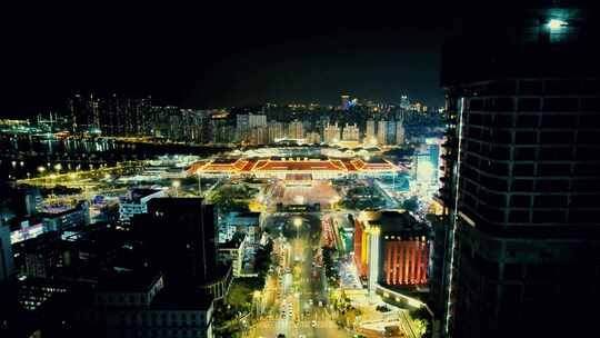 广东珠海拱北口岸夜景灯光航拍视频素材模板下载