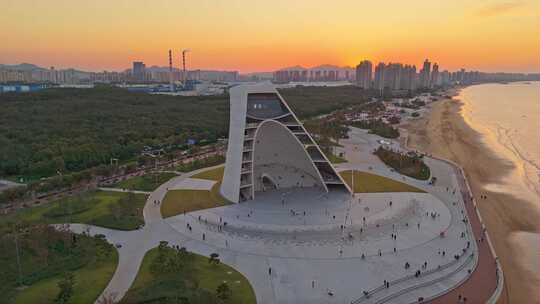 合集-航拍不同时刻烟台时光塔建筑风光全景