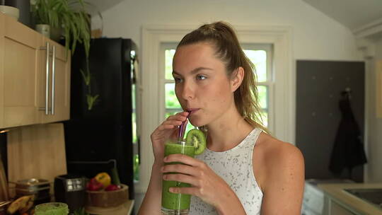 女人喝绿色果汁的特写镜头