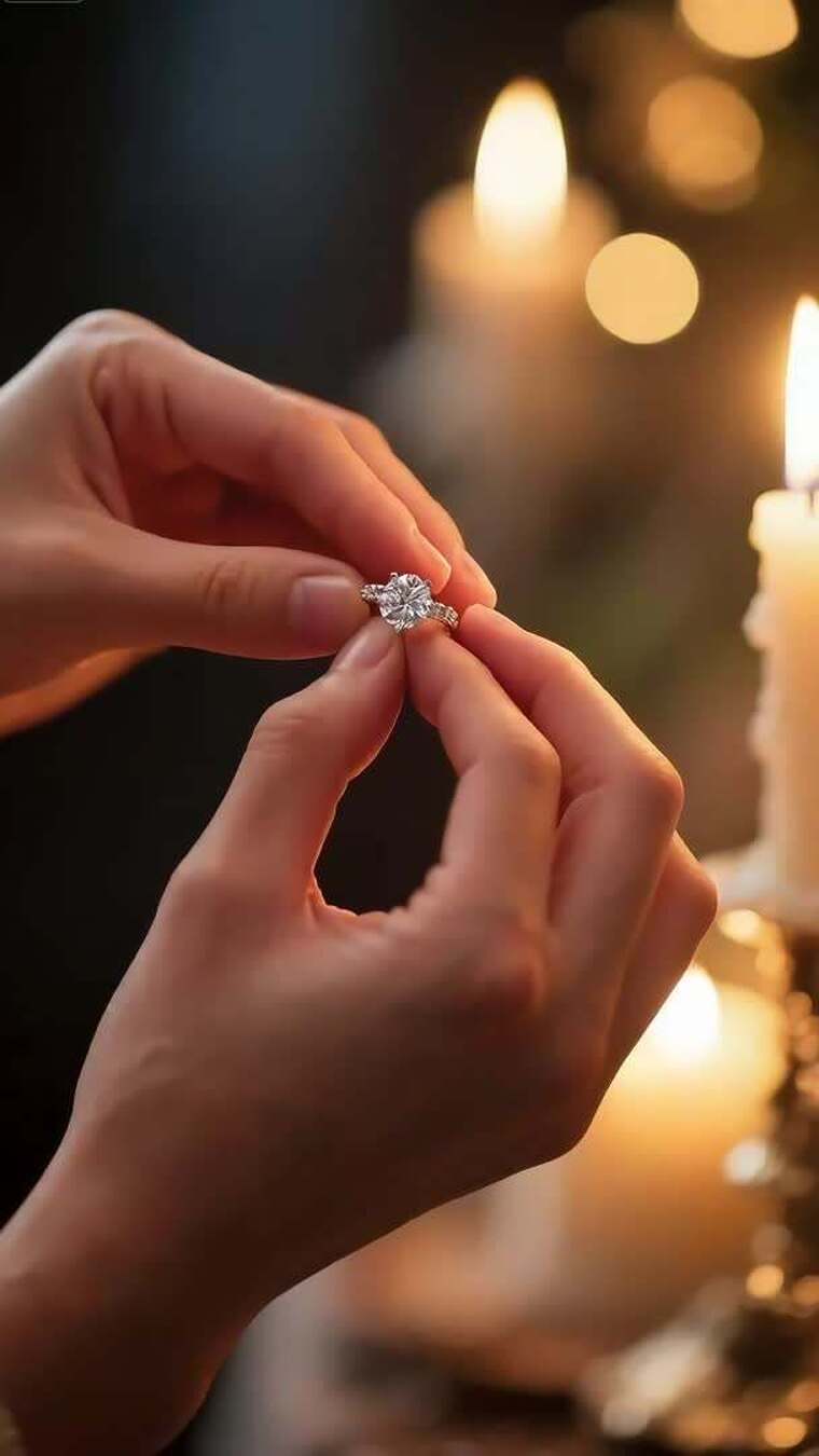 双手持钻石戒指特写