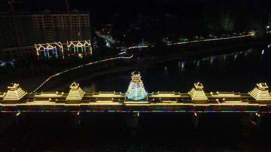 航拍湖南晃州风雨桥夜景