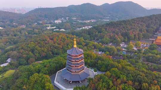 唯美杭州西湖雷峰塔景区大自然风光群山航拍