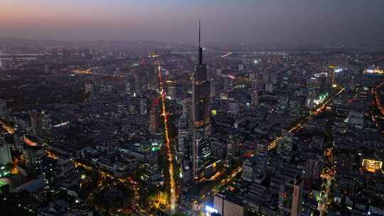 江苏南京CBD紫峰大厦建筑群夜景航拍