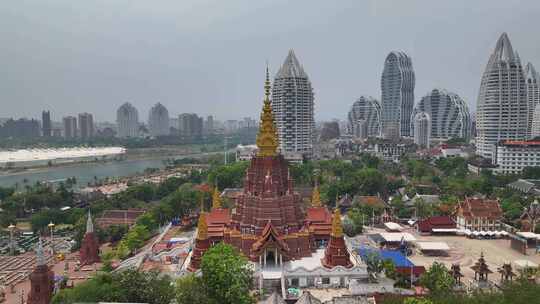 云南西双版纳景洪告庄大金塔寺建筑风光航拍