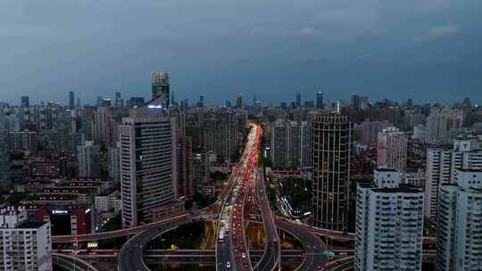上海_鲁班路立交桥_城市建筑群_夜景航拍视频素材模板下载