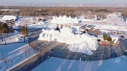 中国黑龙江哈尔滨太阳岛雪博会雪雕航拍