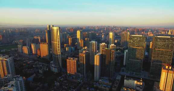 朝阳下的成都城市景观航拍风景