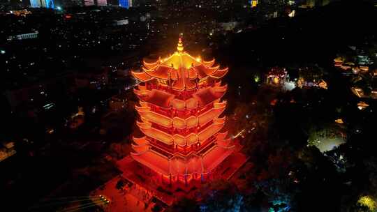 武汉黄鹤楼夜晚夜景航拍湖北武昌区地标建筑