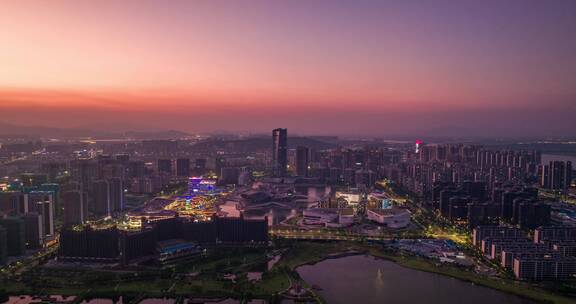 大湾区珠海金湾航空新城晚霞夜景航拍延时