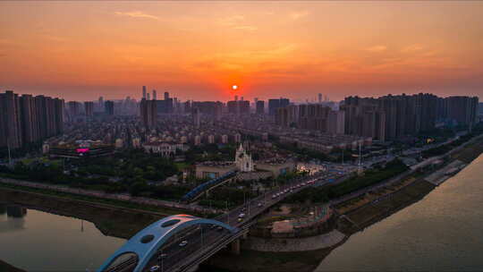 湖南长沙浏阳河婚庆园夕阳景点航拍延时摄影