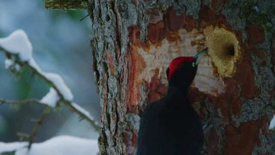 一只黑啄木鸟正在检查雪树上的一个洞