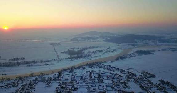 航拍松花江吉林市雾凇岛落日