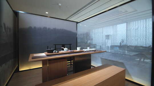 室内设计现代简约室内设计，玻璃隔断与茶桌布置