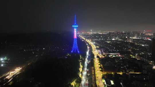 四川德阳城市地标德阳电视塔夜景灯光航拍