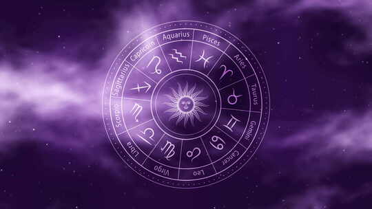 黄道十二宫占星术星座圈在紫色抽象背景上旋