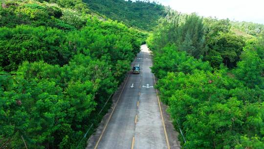 客车在海边公路上行驶中景后退拉升