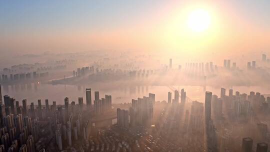长沙城市日出天际线朝霞薄雾