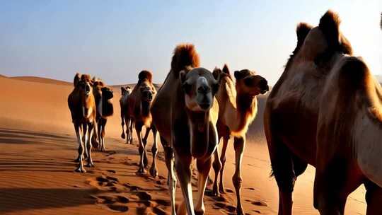沙漠中行进的骆驼群