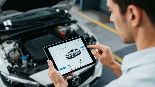 男子手持平板检查汽车发动机