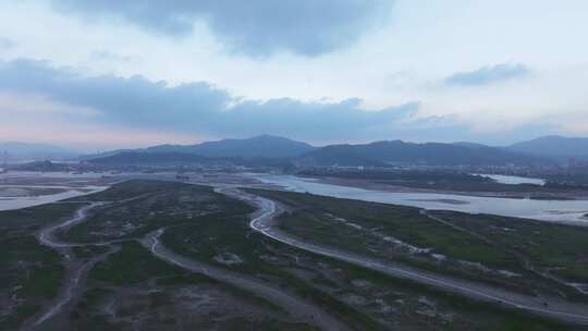 航拍闽江河口湿地小岛果园茉莉花田沙洲河汊