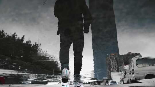 男人在雨中撑伞孤独的背影【商用需购买】