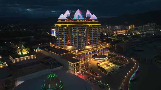 老挝金三角特区木棉之星酒店城市夜景航拍视频素材模板下载
