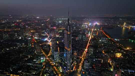 江苏南京CBD紫峰大厦建筑群夜景航拍