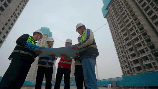 4K中国建筑工人现场指挥施工图施工现场