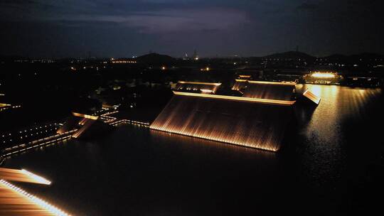 航拍上海松江广富林遗址建筑灯光夜景