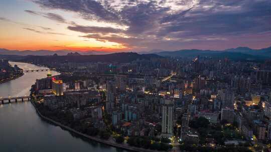 广东绍兴城市夜幕降临晚霞航拍延时4K