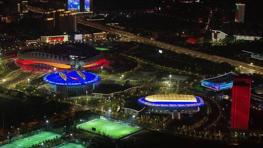 武汉汉阳体育场航拍夜景灯光秀高楼马路