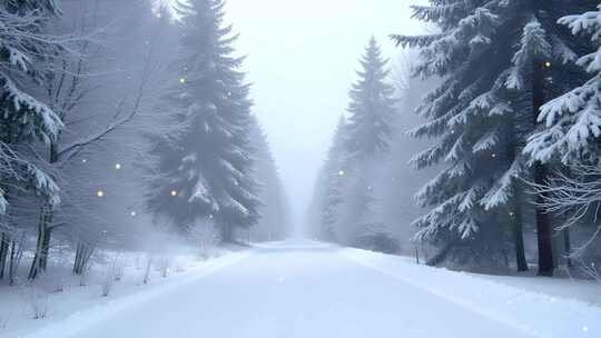 冬天树木雪景小路4k舞台粒子活动背景