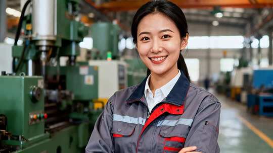 工厂女工人工装工作场景