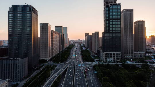 城市航拍延时日转夜天津